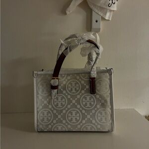 Tory Burch Clear T-Monogram Mini Tote with White Zip Pouch and Tan Handles